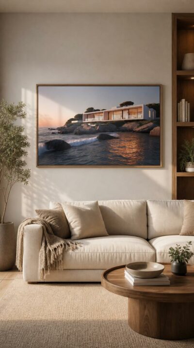 A contemporary white villa rests on a rocky coastline, its glowing interior mirrored in calm water as the sun melts into the sea.