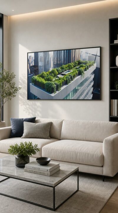 A sleek high-rise crowned with a lush rooftop garden and plunge pool, suspended above a glittering forest of glass towers.