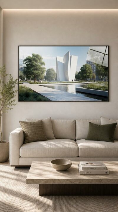 A towering white sculpture of folding planes anchors a serene urban park, mirrored in a still reflecting pool beneath summer trees.
