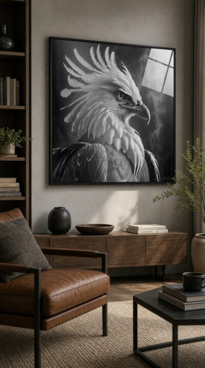A hyperrealistic black-and-white portrait of a mythic phoenix, its luminous crest fanning into smoke, eye sharp with quiet, ancient intelligence.