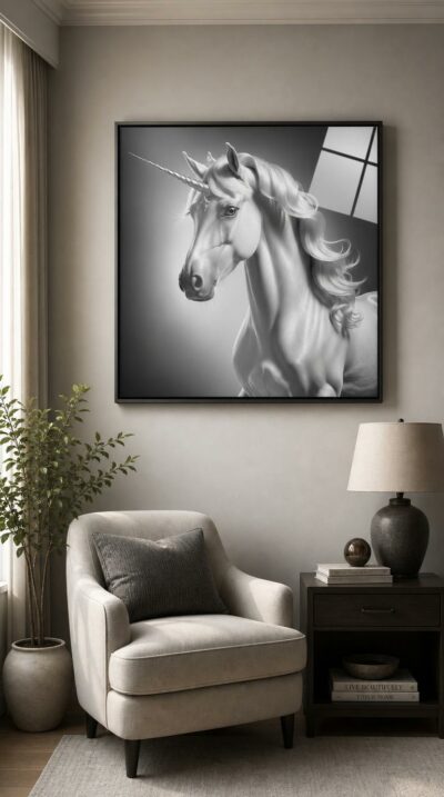 A hyperrealistic black-and-white portrait of a unicorn, its silvered horn and flowing mane glowing against soft shadow with quiet, mythic grace.