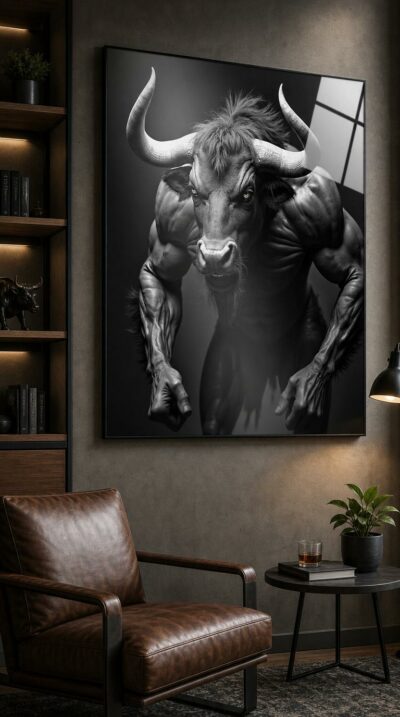 A hyperreal black-and-white portrait of a muscular minotaur, horns sweeping wide, eyes fixed on you from a velvet shadow.