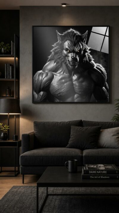 A hyperrealistic black-and-white portrait of a snarling werewolf, amber eyes glowing through shadow, sculpted muscle rising from velvet darkness.