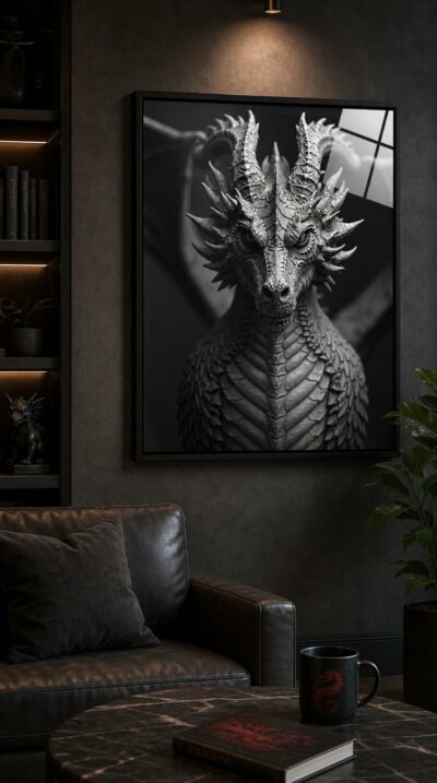A hyperrealistic black-and-white portrait of a horned dragon, every scale and spine rendered with sculptural precision against a velvet-dark backdrop.