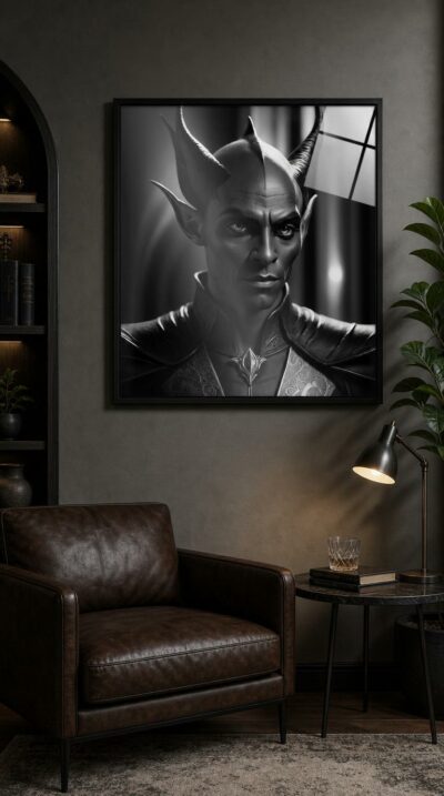 A horned dark elf gazes from velvet shadow, his pale eyes piercing in a black-and-white portrait of cool, theatrical elegance.