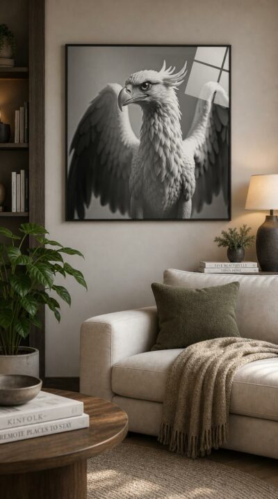 A griffin rendered in luminous black and white, wings spread wide, its piercing eye and feathered crest poised with quiet, regal command.