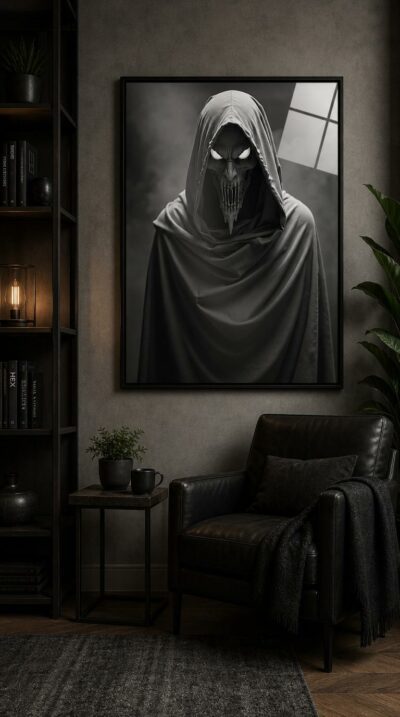 A hooded wraith looms from drifting grey mist, hollow white eyes blazing above a skeletal, fanged maw rendered in flawless black-and-white detail.