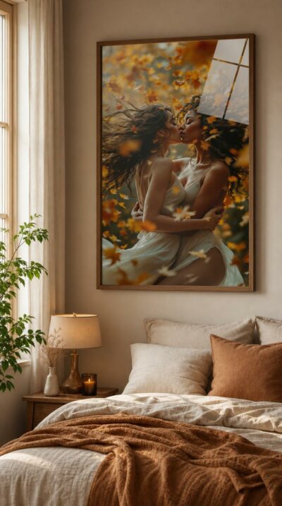 Two women kiss at the center of a swirling storm of golden maple leaves, their dark hair lifted into a single windswept crown.