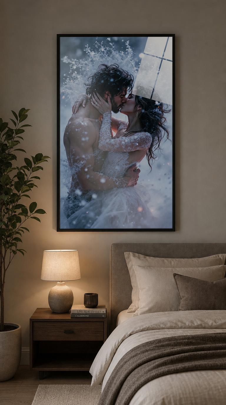 Two lovers fold into a kiss as snowflakes blaze and hover around them, a tender embrace held between winter's chill and the warmth of skin.