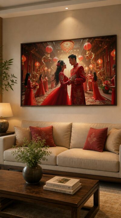 A bride and groom in crimson and gold lean close beneath glowing lanterns and golden dragons, radiant in a hall blooming with festive light.