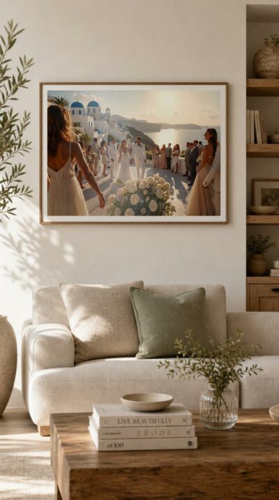 A radiant cliffside wedding in Santorini, where bride and groom step forward hand in hand above the shimmering Aegean, surrounded by smiling guests and white roses.