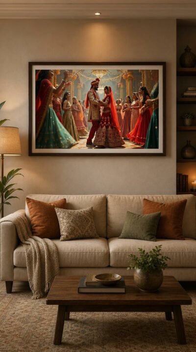 A radiant Indian wedding swirls with color and motion as a bride and groom share a tender moment amid joyful dancers in an opulent, lantern-lit hall.
