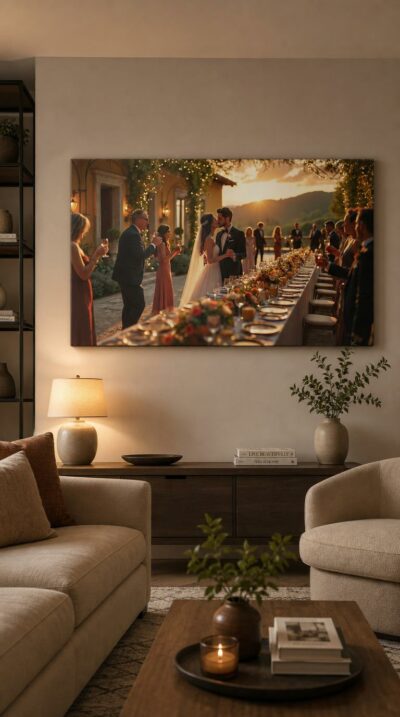 At golden hour, a bride and groom share a kiss beside a flower-laden banquet table as guests raise their glasses above the Tuscan hills.