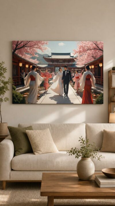A radiant bride and groom walk hand in hand through a cherry-blossom courtyard, attendants in kimono celebrating around them at a traditional Japanese shrine.
