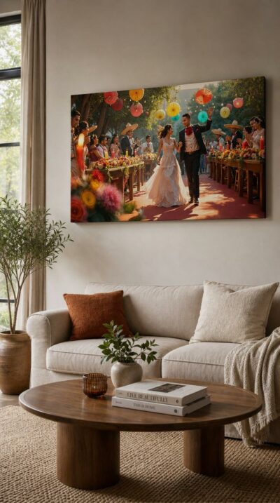 A radiant bride and groom dance down a flower-lined aisle beneath paper lanterns, swept along by clapping guests in a warm Mexican wedding celebration.
