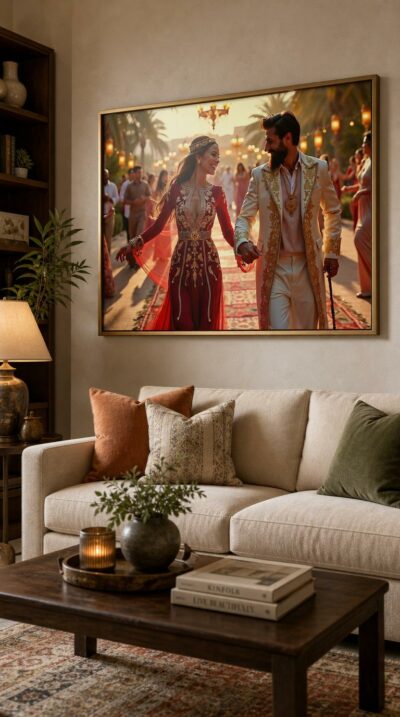 A radiant couple in red and gold leads a desert celebration at golden hour, lanterns glowing among palms as dancers swirl behind them.