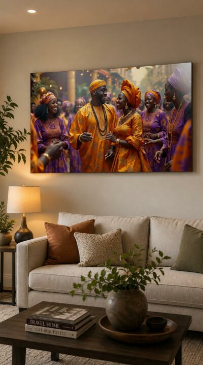 A radiant Yoruba couple in saffron and gold beam at one another, encircled by a jubilant crowd in violet and amber finery.