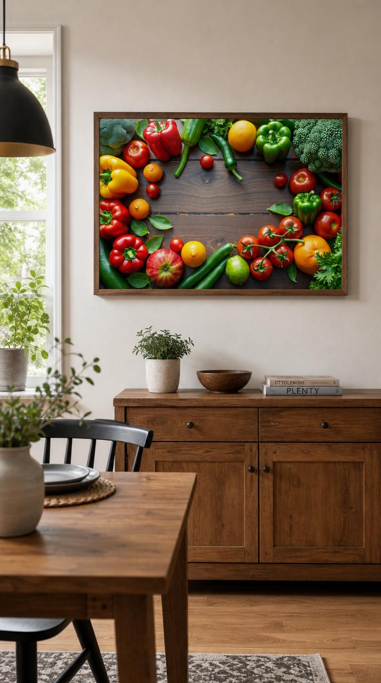 A sun-warmed ring of peppers, tomatoes, oranges and broccoli framing weathered wooden planks, an open invitation to the everyday pleasures of the kitchen.