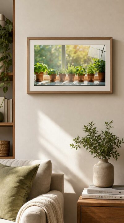 A sunlit windowsill lined with terracotta pots of basil, rosemary, thyme, and mint, glowing against a soft summer garden.