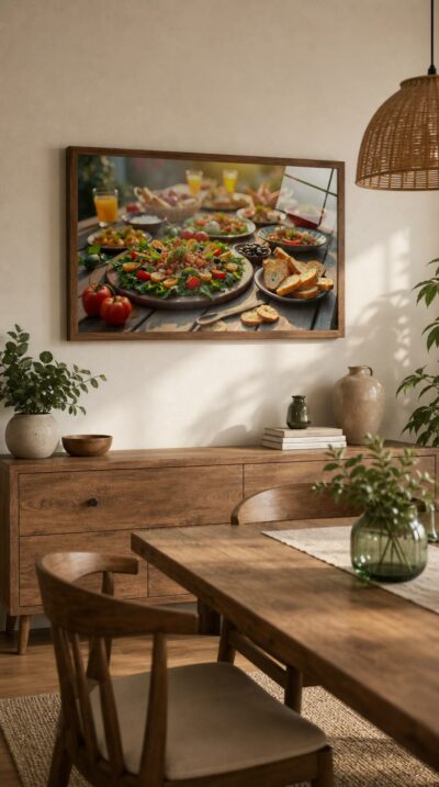 A sun-warmed garden table laid with market-fresh salads, glossy tomatoes, olives, herbs and golden bread, glowing in late-afternoon light.