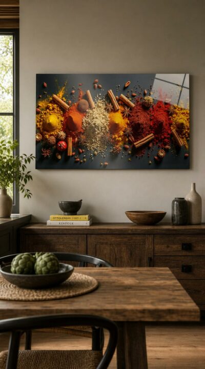 A flowing ribbon of spice mounds—saffron yellow, paprika red, cinnamon brown—scattered with star anise and bark across a deep slate ground.
