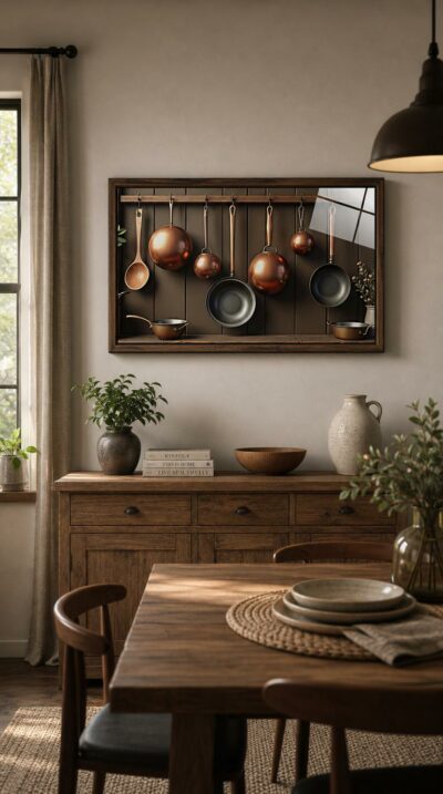 Burnished copper pans and a wooden ladle hang from iron hooks against dark panelled wood, a quiet still life of the kitchen's everyday warmth.