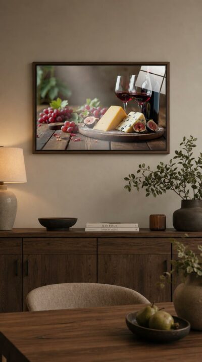 On a rustic wooden board, a wedge of cheddar and blue cheese meet ripe figs, red grapes and two glasses of wine in warm, golden light.