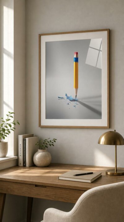 A stout yellow pencil stands alone on a pale surface, its blue paint chipped away in scattered shards, casting a long quiet shadow.