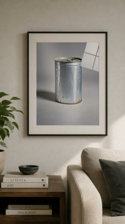 A dented silver tin can, edges blushing with rust, stands alone against soft grey light in quiet, unflinching detail.