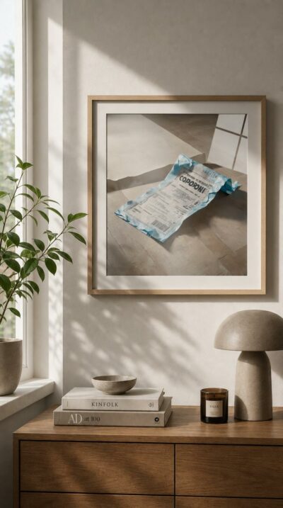 A crumpled paper coupon, edged in faded blue, lies abandoned on a warm wooden floor, lit like a forgotten relic of an ordinary day.
