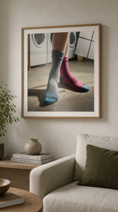 Two mismatched socks meet on a sunlit laundry-room floor — one grey, one fuchsia — caught in the quiet poetry of an ordinary moment.