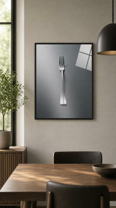 A single stainless fork rests on cool grey, its tines and slender handle catching a soft, deliberate light.