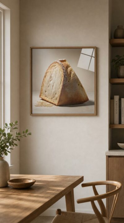 A lone wedge of crusty bread, sculptural and golden, stands alone against warm light like a quiet monument to the overlooked.