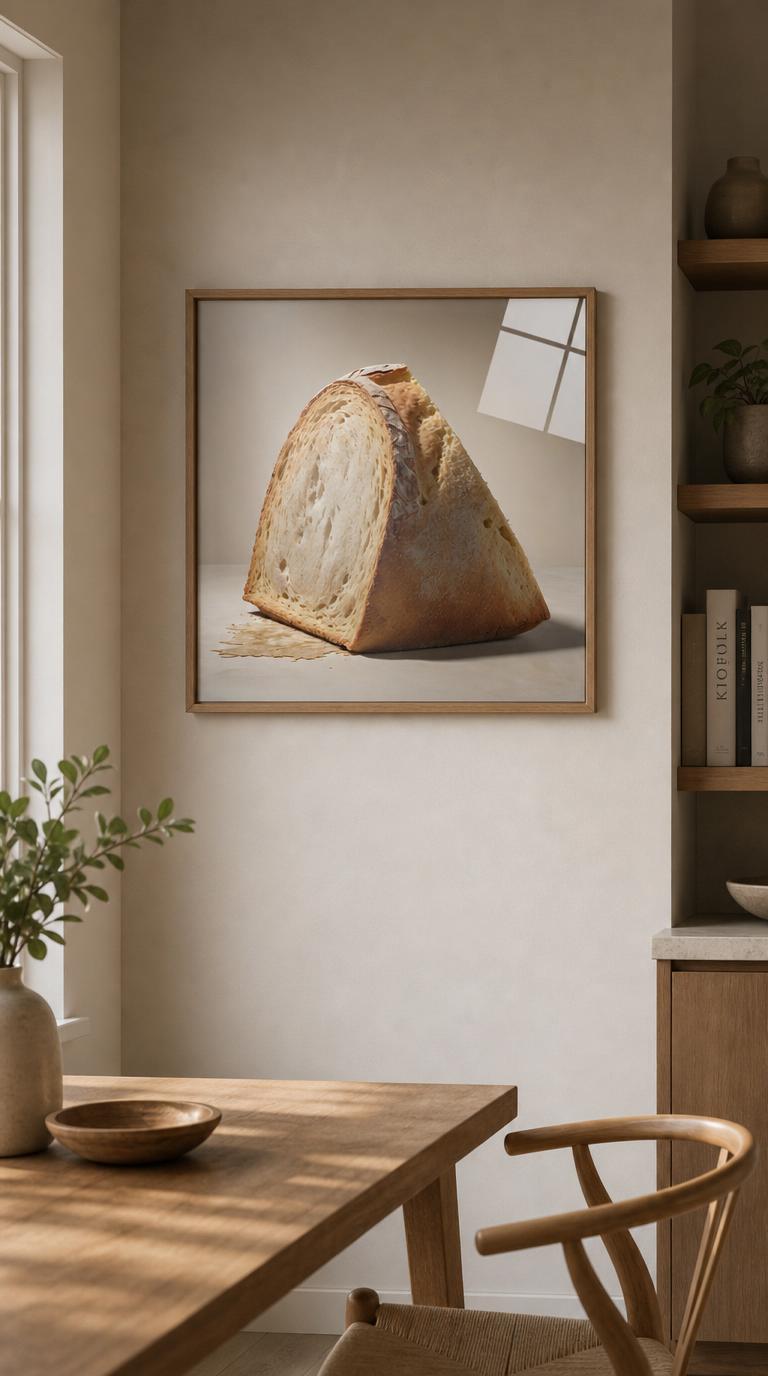 A lone wedge of crusty bread, sculptural and golden, stands alone against warm light like a quiet monument to the overlooked.