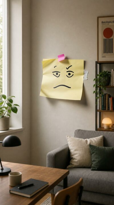 A weary yellow sticky note, pinned by a strip of pink tape, wears a hand-drawn frown that turns office clutter into quiet comedy.
