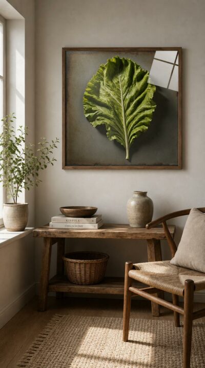 A single curling lettuce leaf, rendered in luminous detail against a weathered, parchment-toned ground, quietly elevating the most ordinary of greens.