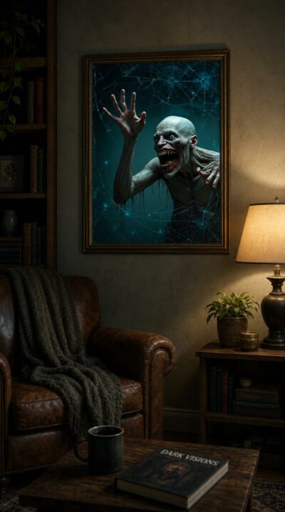 A gaunt, screaming figure claws its way through a cracked bathroom mirror, its grey flesh and bloodied mouth erupting into a grimy, abandoned washroom.