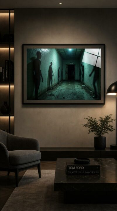 Faceless figures stand frozen against the tiled walls of a decaying asylum corridor, half-dissolving into shadow beneath a single cold light.