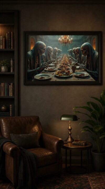 Hooded skeletal figures lean over a long banquet table strewn with decayed food, gathered beneath a flickering chandelier in a crumbling, cathedral-like hall.