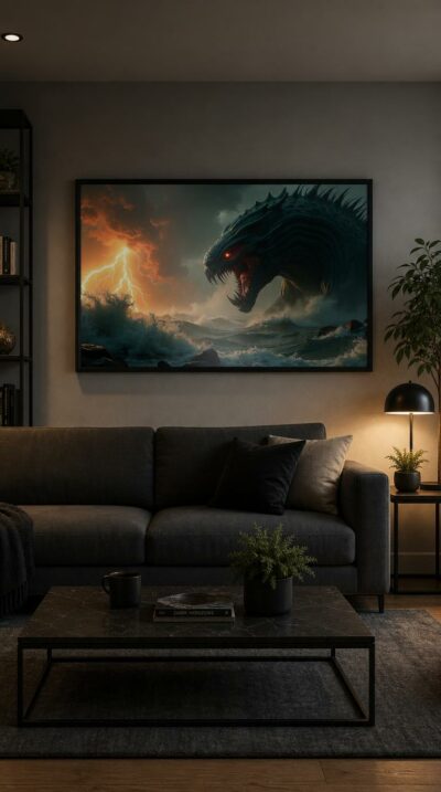 A colossal sea leviathan rears from a black, storm-torn ocean, jaws agape and eye burning crimson as lightning splits an apocalyptic sky.