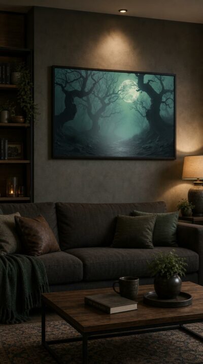 Gnarled, leafless trees claw toward a vast pale moon as mist swallows a winding path through a haunted, silver-green wood.