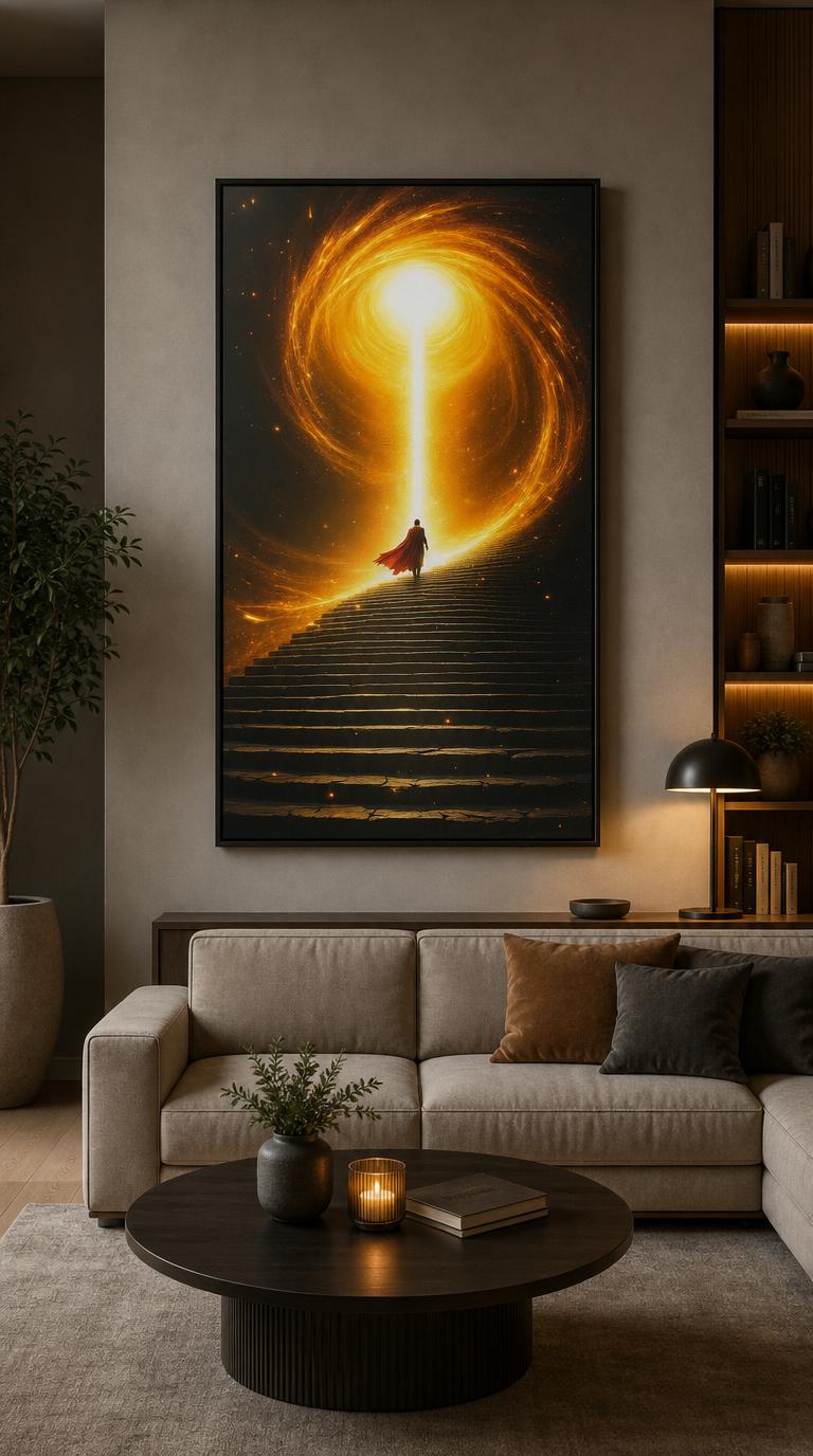 A lone caped figure climbs an endless stairway toward a swirling burst of golden light that consumes the surrounding dark.