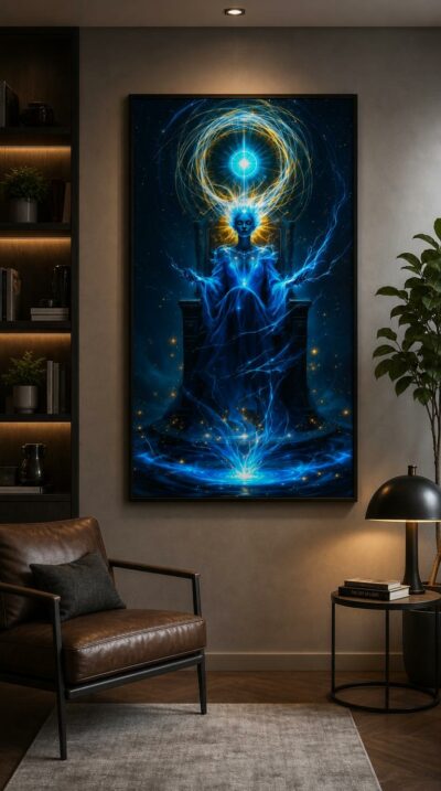 A cosmic queen sits enthroned in an ocean of electric-blue energy, threads of light radiating from her into the endless dark.