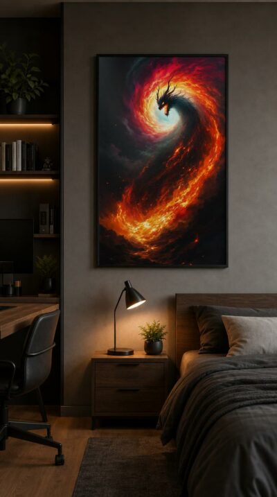 A colossal dragon rises from a spiralling vortex of flame, its molten veins and white-hot eyes burning through a vast, smoke-darkened sky.