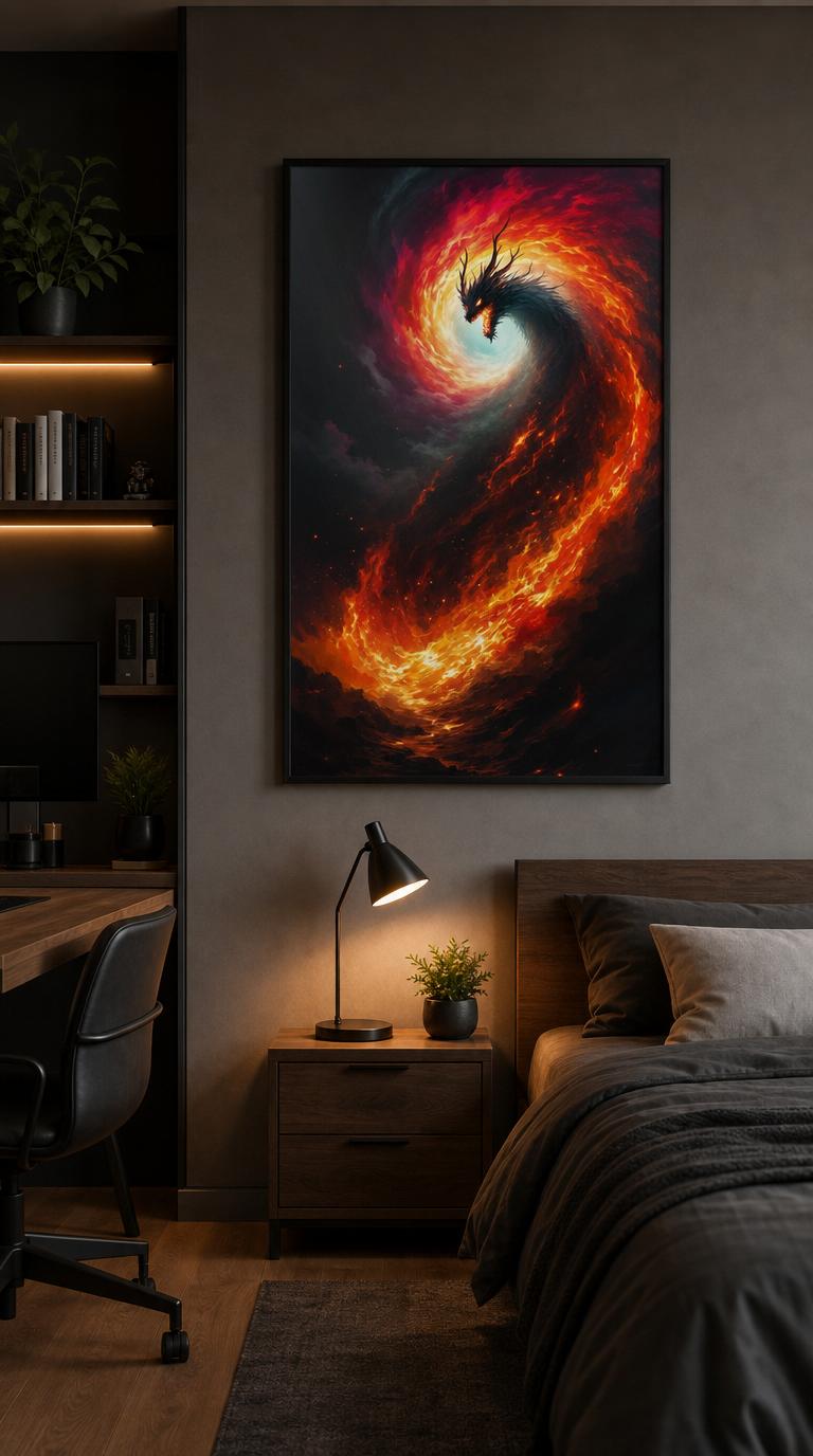 A colossal dragon rises from a spiralling vortex of flame, its molten veins and white-hot eyes burning through a vast, smoke-darkened sky.