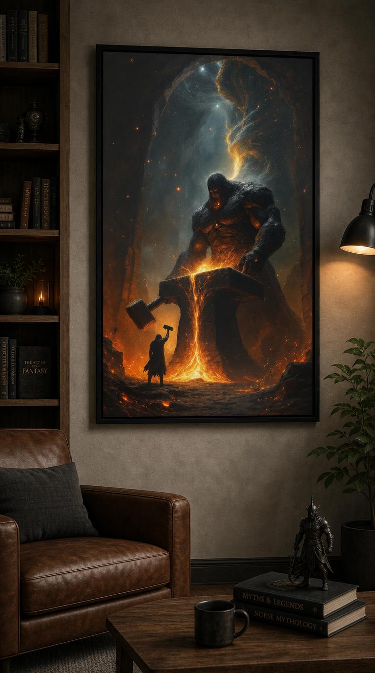 A towering giant strikes a molten star upon a cosmic anvil while a tiny smith raises a hammer in the blazing dark of a cavernous forge.