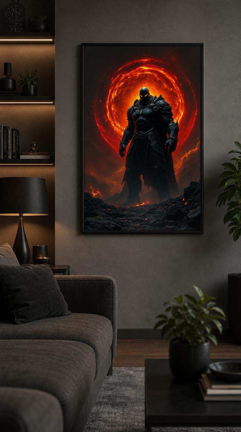 A colossal armored titan stands sentinel before a dying black sun burning molten gold at the world's heart.