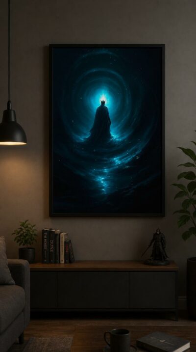 A drowned monarch rises crowned from a sea of shadow, abyssal light diffusing turquoise through the deep.