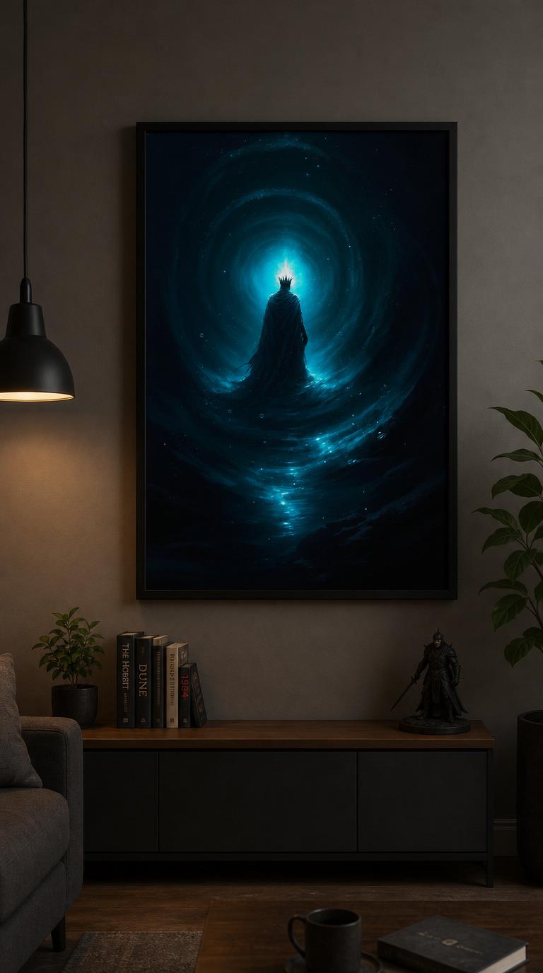 A drowned monarch rises crowned from a sea of shadow, abyssal light diffusing turquoise through the deep.