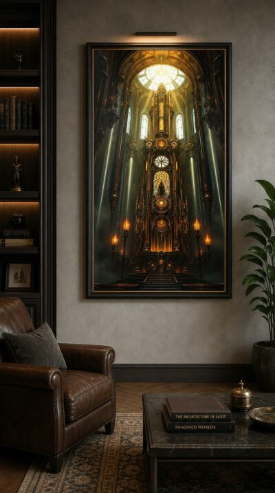 A soaring cathedral of clockwork and gold blazes from within, golden windows and engraved dials glowing as light pours down through incense and shadow.